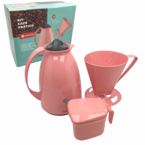 Kit Garrafa Térmica 650ml Suporte Filtro Açucareiro 350ml Conjunto Café Prático Rosa