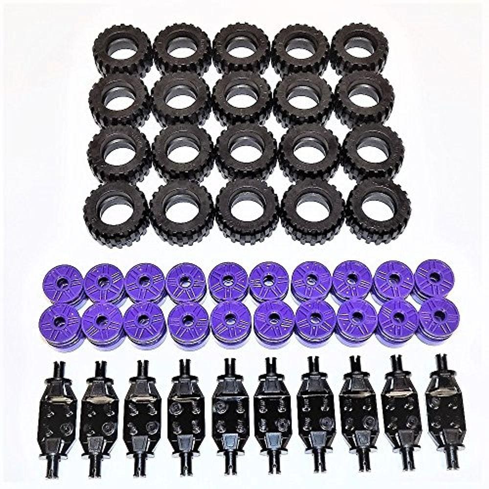 Peças e peças LEGO: roda roxa escura, pneu preto e pacote de suporte de roda preto - 50 peças
