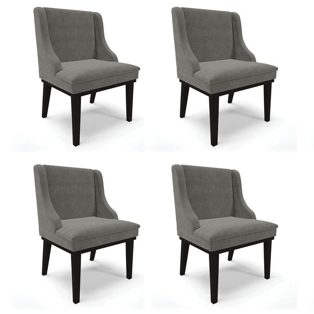 Kit 4 Cadeiras Estofadas Para Sala De Jantar Base Fixa De Madeira Preto Lia Suede Grafite - Ibiza