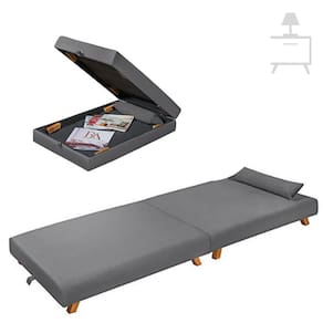 Cama Dobravel Portátil Pés Madeira Tecido Suede Cinza