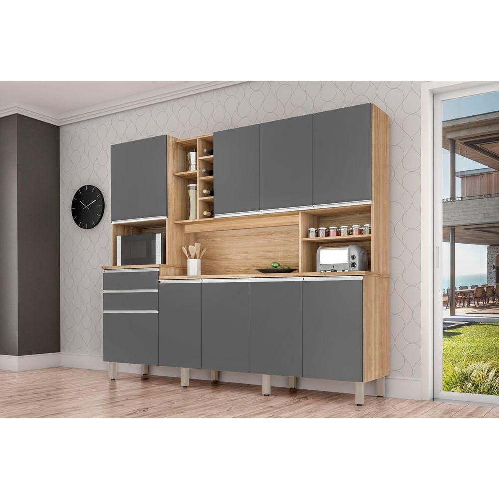 Cozinha Compacta com Armários, Balcões, Nichos e Adega Barcelona Nature Cinza