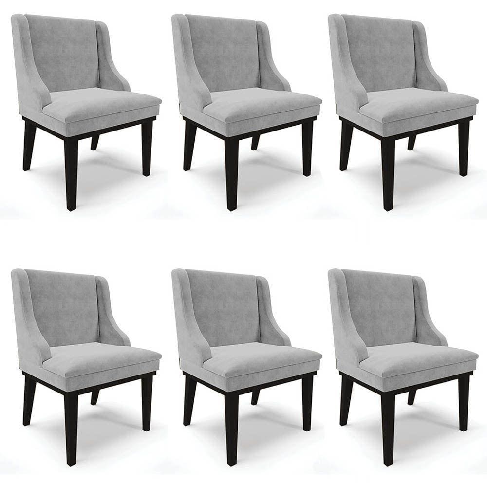 Kit 6 Cadeiras Estofadas Para Sala De Jantar Base Fixa De Madeira Preto Lia Suede Cinza - Ibiza