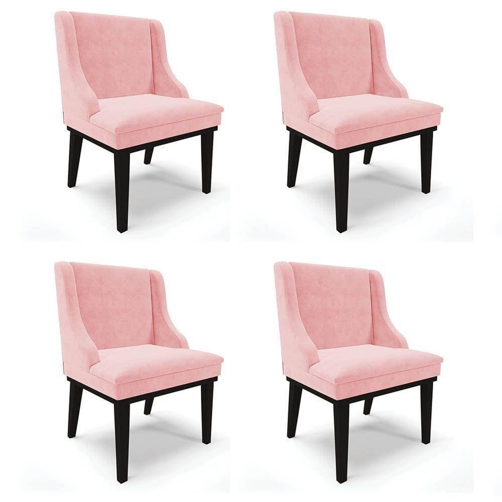 Kit 4 Cadeiras Estofadas Para Sala De Jantar Base Fixa De Madeira Preto Lia Suede Rosa Bebê - Ibiza