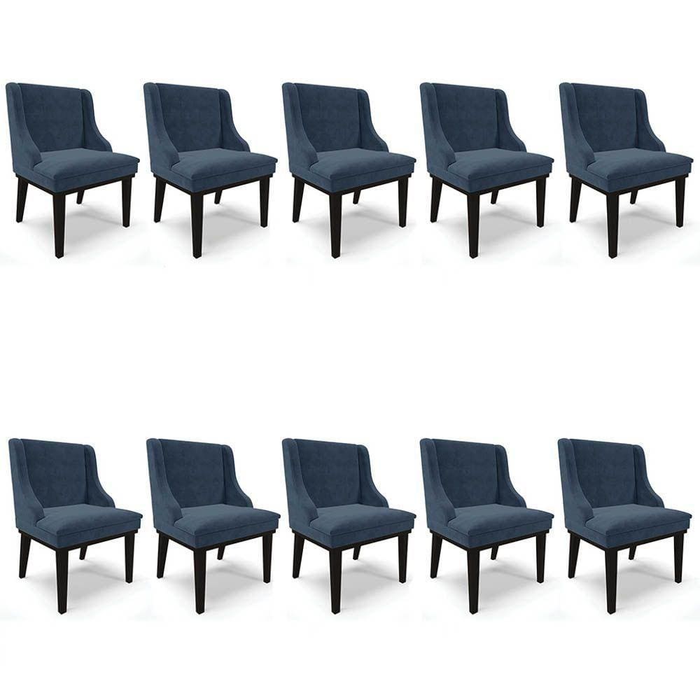 Kit 10 Cadeiras Estofadas Para Sala De Jantar Base Fixa De Madeira Preto Lia Suede Azul Marinho