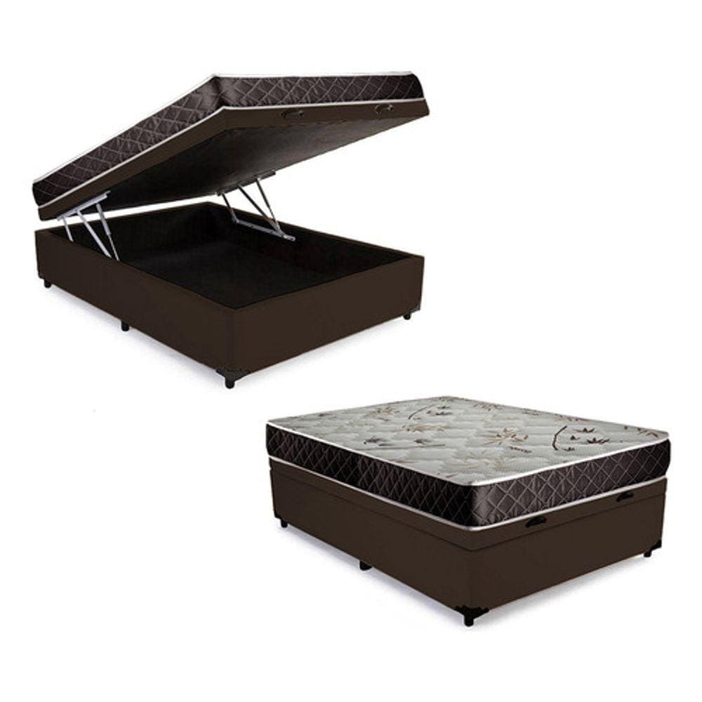 Cama Box Baú Casal Conforto Sintético Marrom + Colchão Casal Conforto Espuma D33 14x138x188