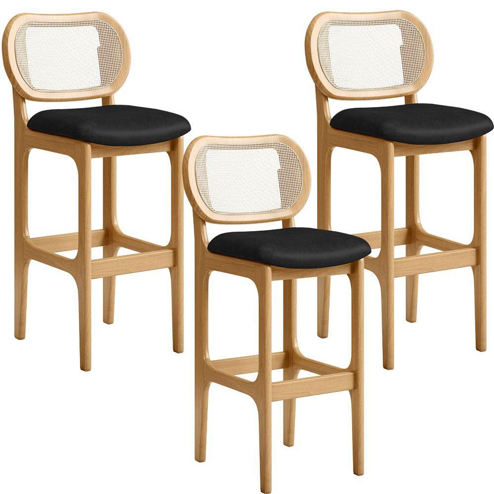 Kit 03 Banquetas Altas Para Cozinha Bancada Sala Tela Betta Fixa L02 Couríssimo Preto - Lyam