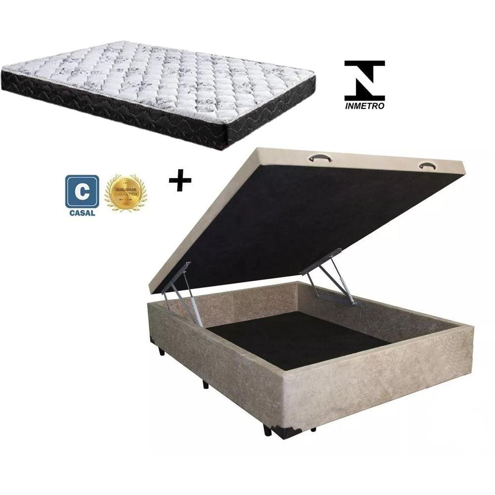 Cama Box Baú Casal Conforto Suede Bege + Colchão Casal Conforto Espuma D33 17x138x188