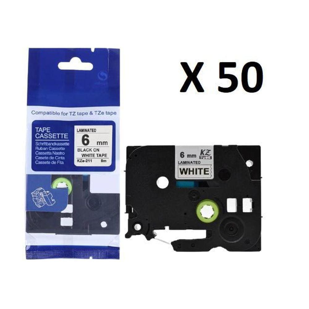 Kit 50 Fitas Compatível Brother Tze-211 Branca 6Mm