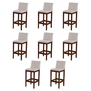 Kit 8 Banquetas Alta Pérola com Encosto Estofado Linho Bege Madeira Maciça Imbuia