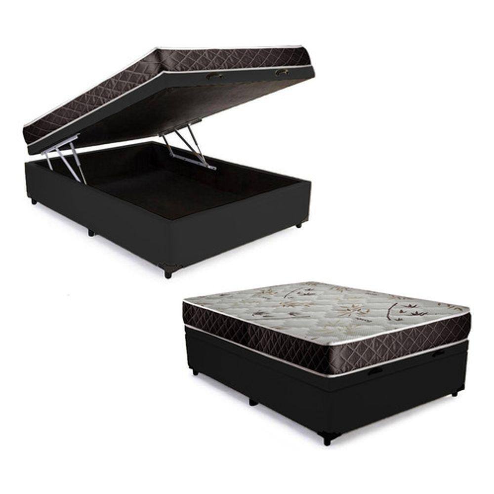 Cama Box Baú Casal Conforto Sintético Preto + Colchão Casal Conforto Espuma D23 24x138x188