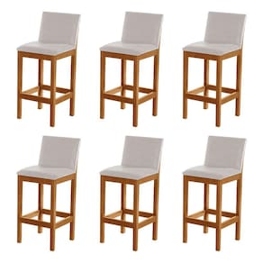 Kit 6 Banquetas Alta Pérola com Encosto Estofado Linho Bege Madeira Maciça Castanho