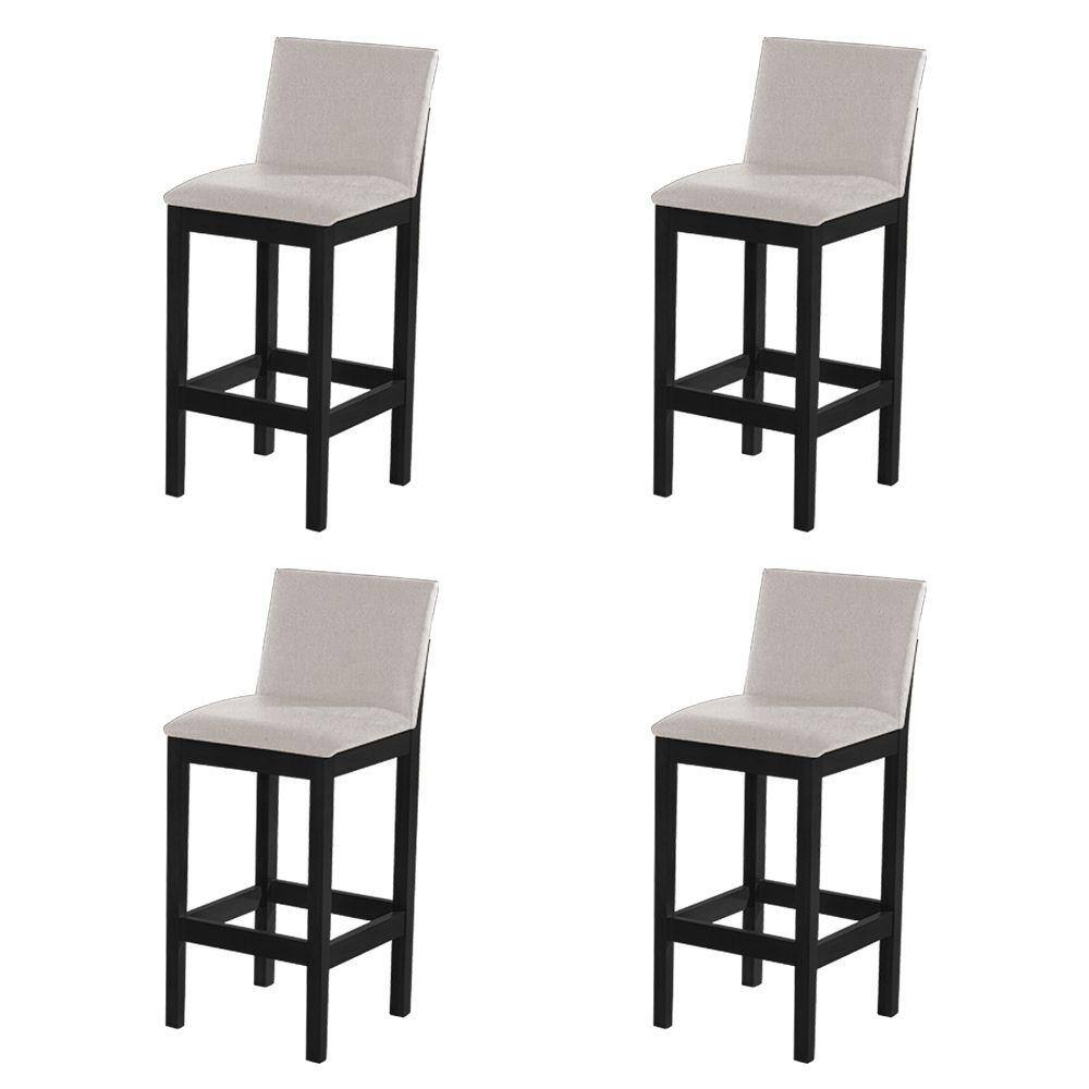 Kit 4 Banquetas Alta Pérola com Encosto Estofado Linho Bege Madeira Maciça Preto
