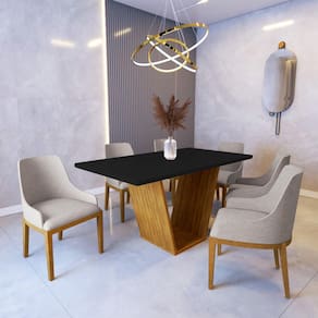 Mesa de Jantar 1,6m Safira Preto com 6 Cadeiras Elisa Linho Bege Madeira Maciça Castanho