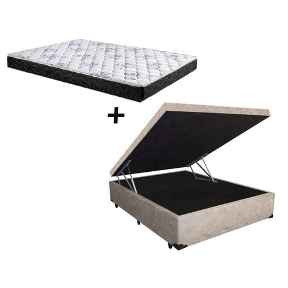Cama Box Baú Casal Conforto Suede Bege + Colchão Casal Conforto Espuma D23 16x138x188