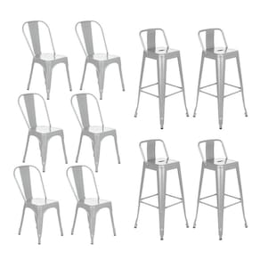 Kit 6 cadeiras + 4 banquetas altas com encosto industrial Loft Vintage Iron Tolix prata