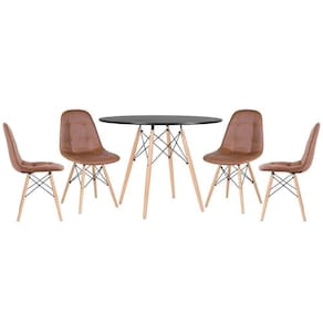 Mesa Redonda Eames 100 Cm Preto + 4 Cadeiras Estofadas Eiffel Botonê Marrom Marrom