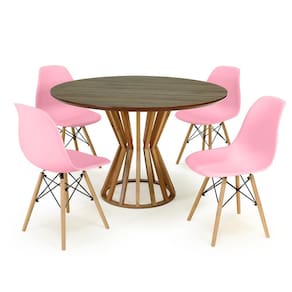 Conjunto Mesa de Jantar Redonda Cecília Amadeirada Natural 120cm com 4 Cadeiras Eames Eiffel - Rosa