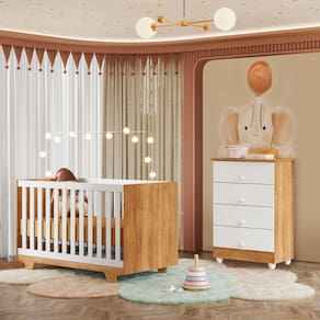 Quarto de Bebê Berço Mini Cama com Colchão e Cômoda Nina Amadeirado/Branco