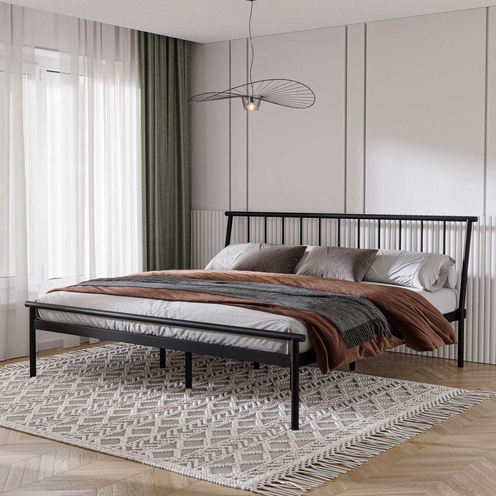 Cama King em Aço Begônia CabeCasa MadeiraMadeira Cinza grafite