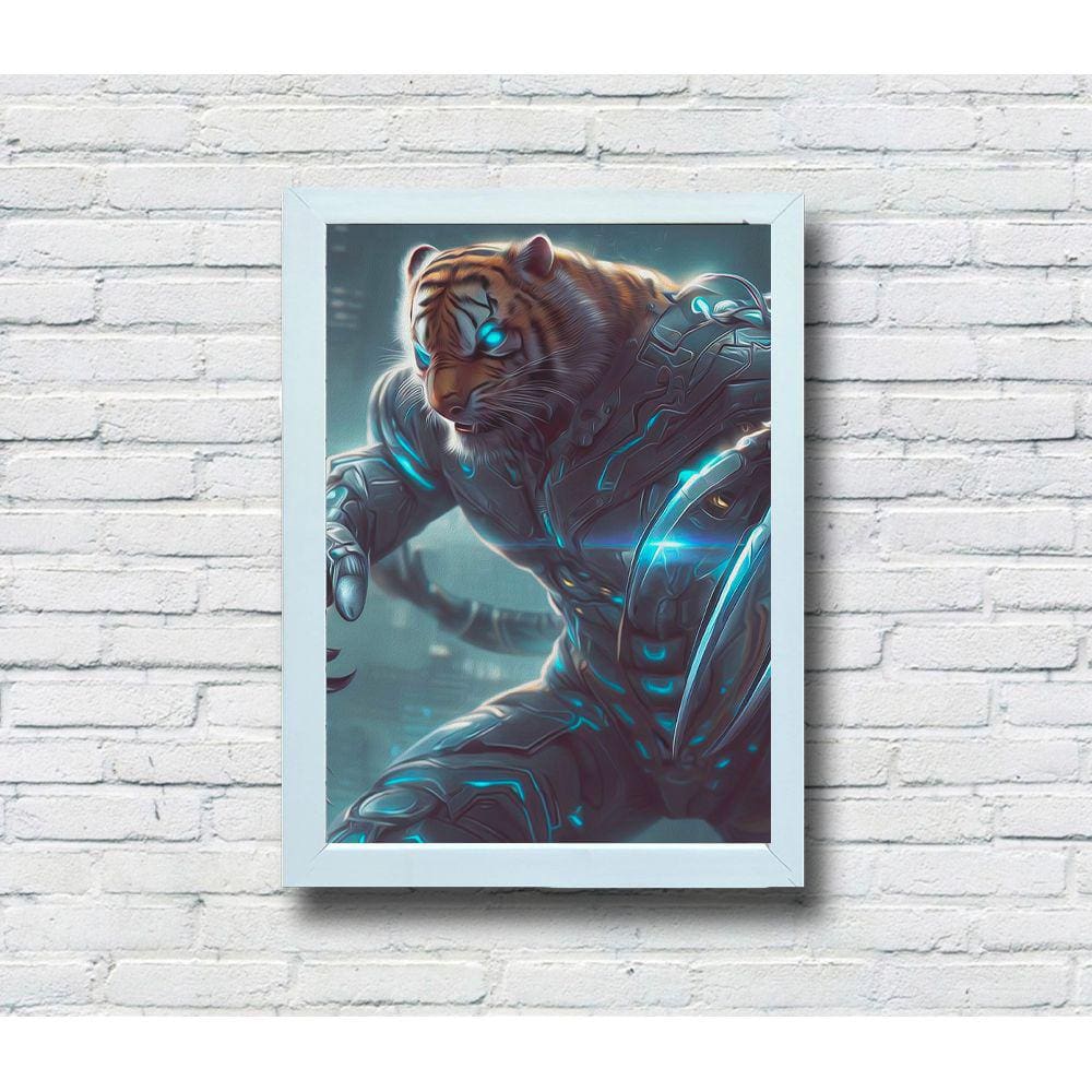Quadro Decorativo MDF 20x28 Moldura Branca Tigre Guerreiro