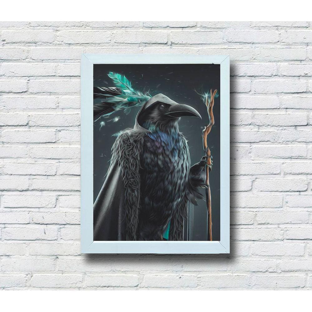Quadro Decorativo MDF 20x28 Moldura Branca Mago Corvo