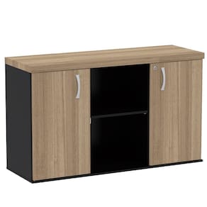 Armário Baixo Credenza Pe40 Pandin 121,50 Cm Em Mdp Noce Naturalle E Preto Dois Nichos E Duas Portas