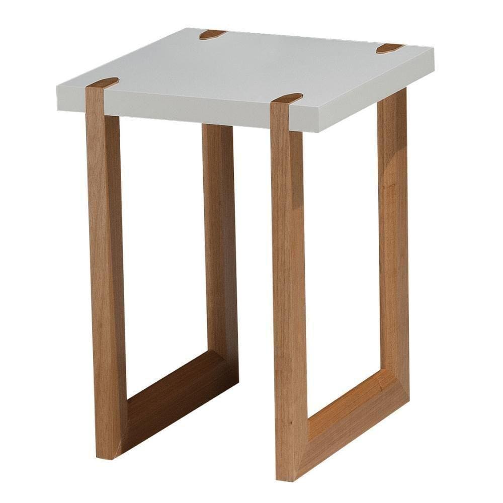 Mesa Lateral Zurique Univ 45 Cm Tampo De Madeira Laca Branca Base Madeira Amêndoa
