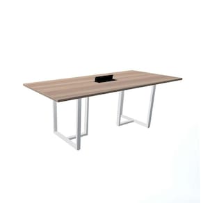 Mesa De Reunião Com Caixa De Tomada 200 X 90 Cm Pé Tubular Pe25 Em Mdp Noce Naturalle Base Branca