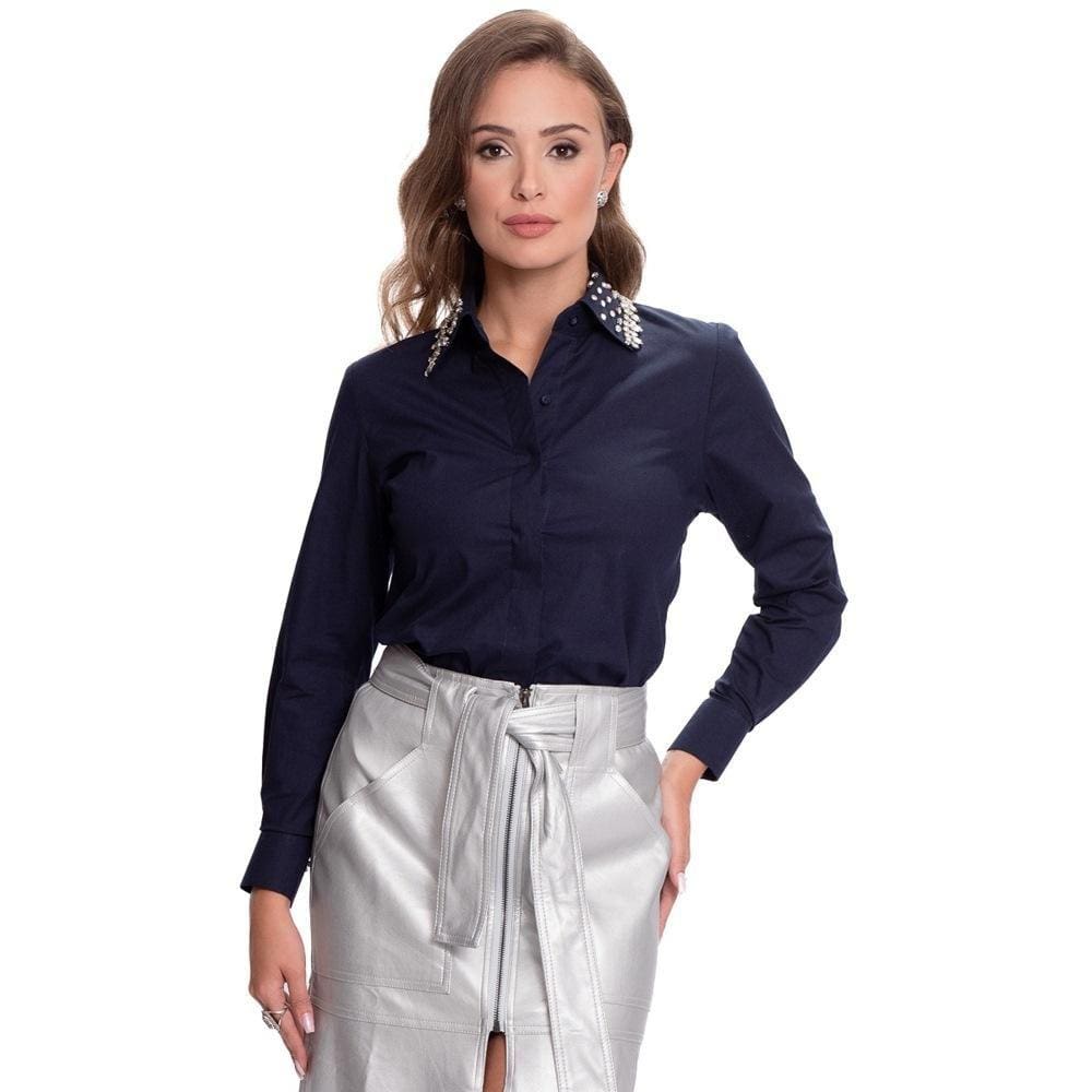 Camisa Social Feminina Gola Bordada Brilho Moderna Teodoro