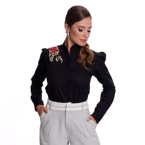 Camisa Social Feminina Bordado Floral Algodão Luxo Teodoro