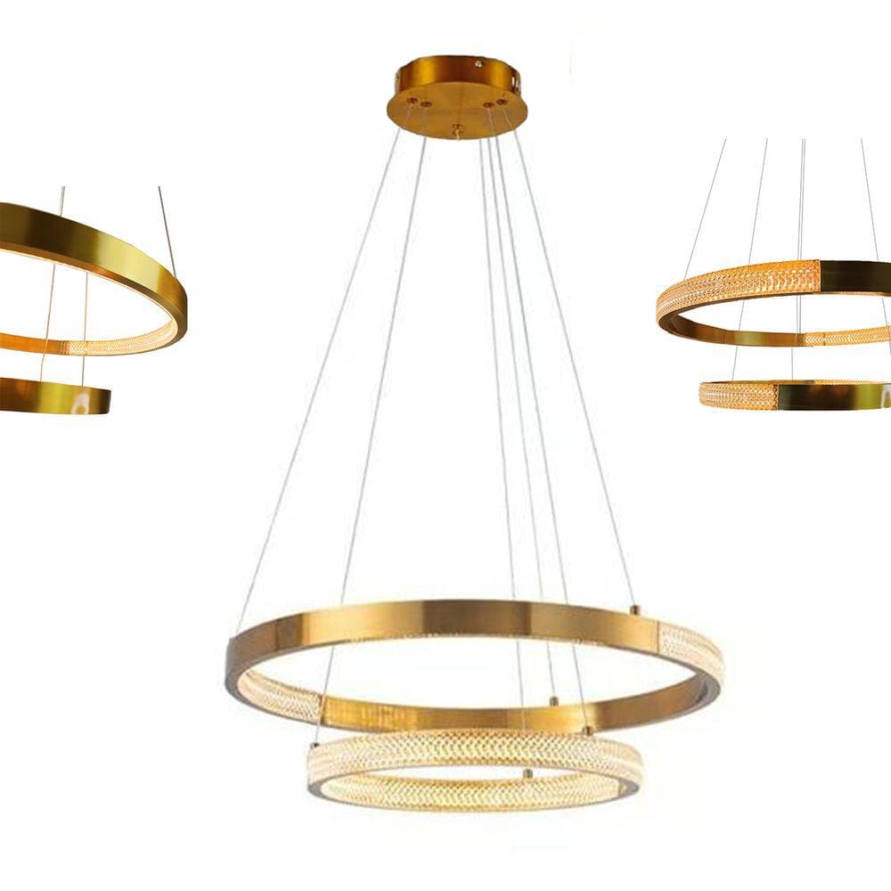 Lustre Pendente Aneis Arco Dourado Cristal Luminaria Led 52W Luxo Casa Sala De Estar Sala De Jantar