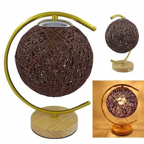 Luminaria Abajur Mesa Cupula Bola Meia Lua Barbante Base Madeira Rustica Decoraçao Quarto Sala Escritorio Casa Iluminaçao Bivolt Enfeite