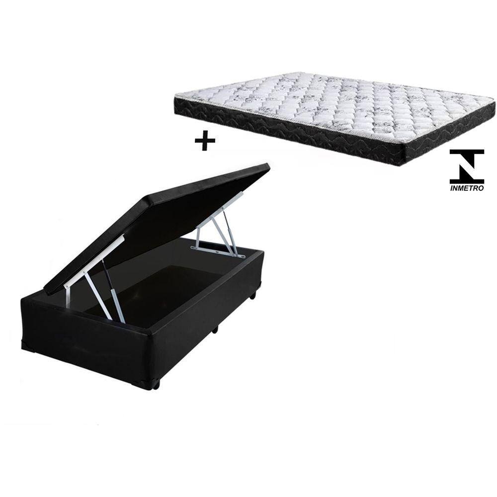 Cama Box Baú Solteiro Conforto Sintético Preto + Colchão Solteiro Conforto Espuma D23 16x88x188