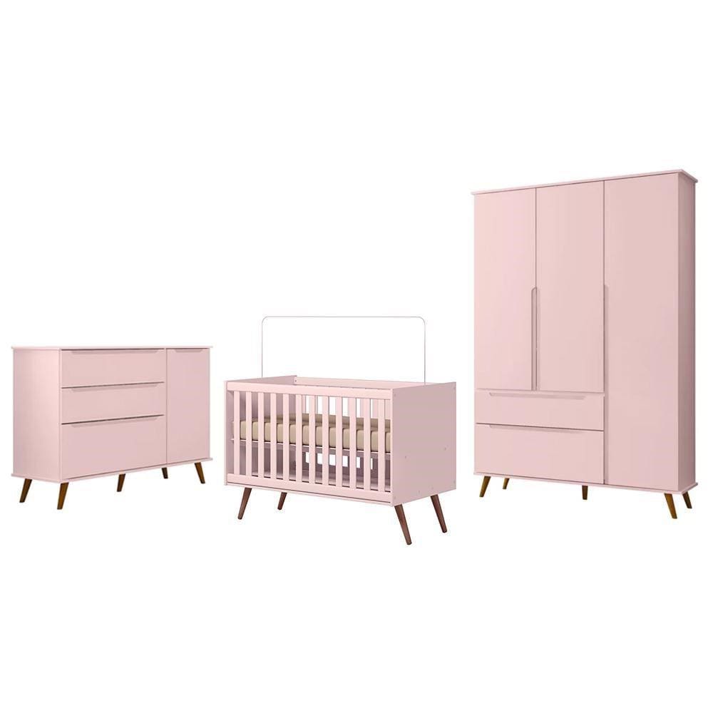 Dormitório Melinda Guarda Roupa, Cômoda com Porta e Berço Retrô Rosê Acetinado - Phoenix Baby