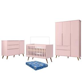 Dormitório Melinda Guarda Roupa, Cômoda e Berço Retrô Rosê Acetinado com Colchão Physical - Phoenix