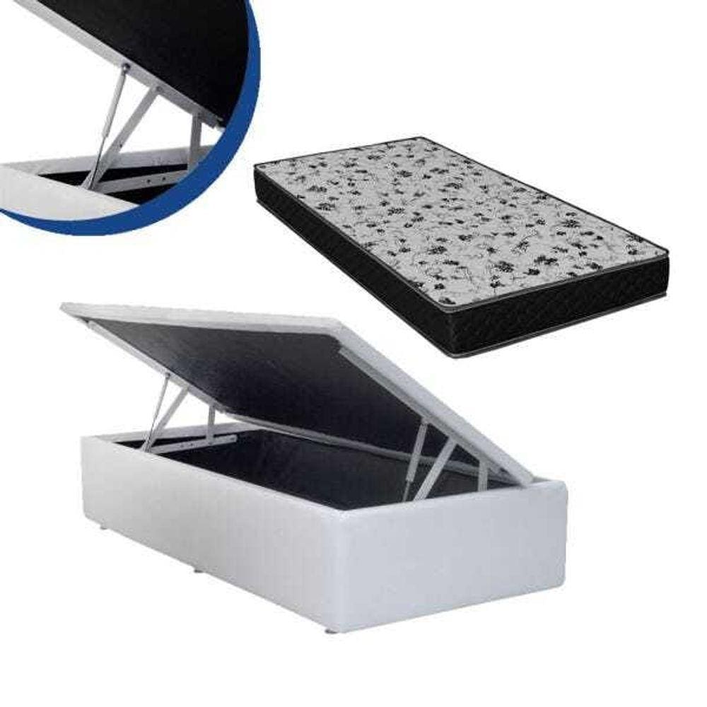 Cama Box Baú Solteiro Conforto Sintético Branco + Colchão Solteiro Conforto Espuma D23 16x88x188