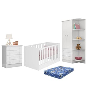 Dormitório Doce Sonho 2 Portas, Cômoda 4 Gavetas e Berço Mini Cama com Colchão - Qmovi