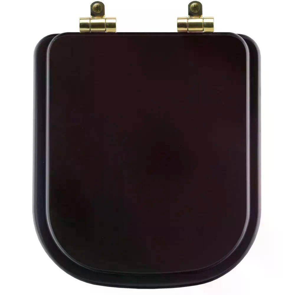Assento Sanitário Poliéster Soft Close Piano Marrom Fosco para Vaso Deca com Ferragem Dourada