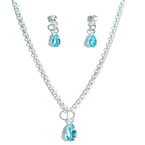 Conjunto Colar e Brinco Gota Zircônia Topázio Azul Prata 925