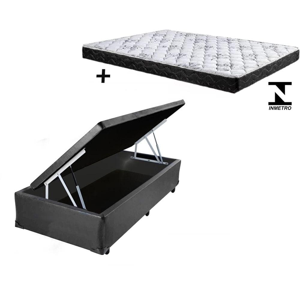 Cama Box Baú Solteiro Conforto Sintético Cinza + Colchão Solteiro Conforto Espuma D23 16x88x188