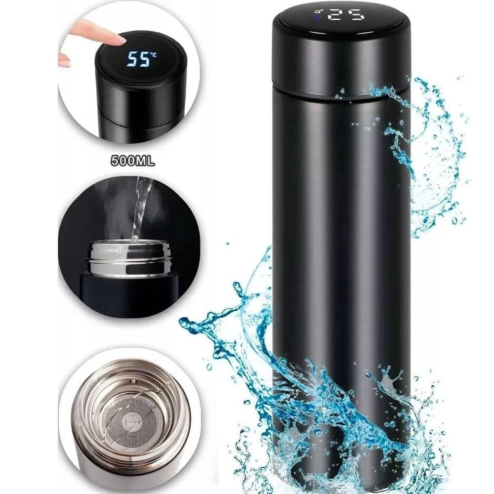 Garrafa Térmica Sensor Termômetro Temperatura Tampa Led Digital Display Aço Inoxidável 500ml Preto