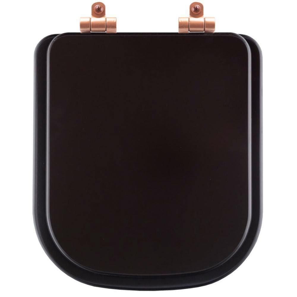 Assento Sanitário Poliéster Soft Close Piano Marrom Fosco para Vaso Deca com Ferragem Rose Gold