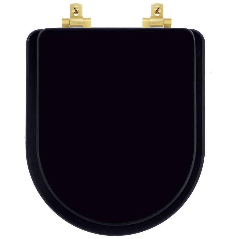 Tampa de Vaso Laqueado Com Amortecedor Duna Preto para Bacia Deca com Ferragem Dourada