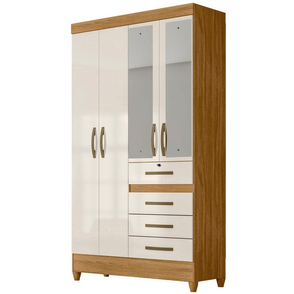 Guarda Roupa Solteiro 4 Portas Com Espelho 8700 Freijo Off White Moval