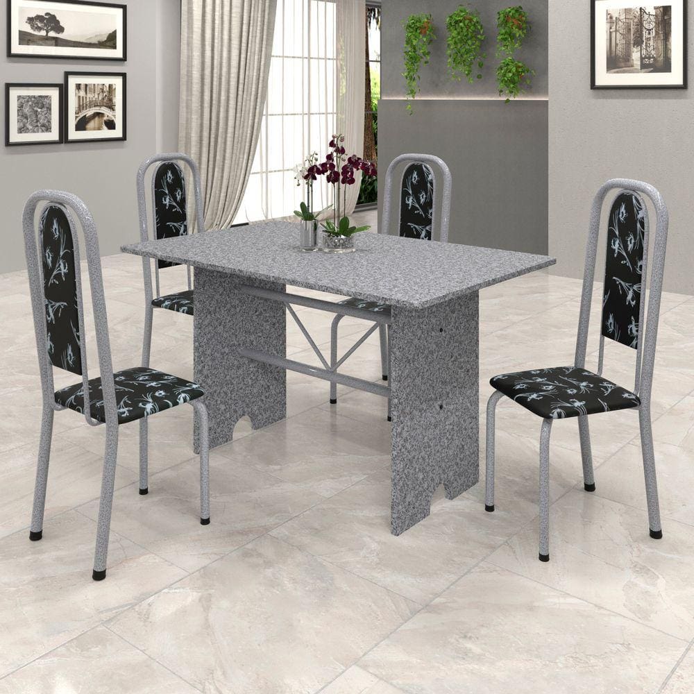 Conjunto de Mesa 070 120x75cm Tampo Granito com 4 Cadeiras Lavínea Soma Móveis Preto Floral / Mart Perola