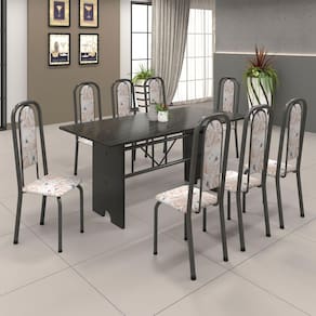 Conjunto de Mesa 071 180x75cm Tampo Ardósia com 8 Cadeiras Lavínea Soma Móveis Botanic Bege / Mart Prata