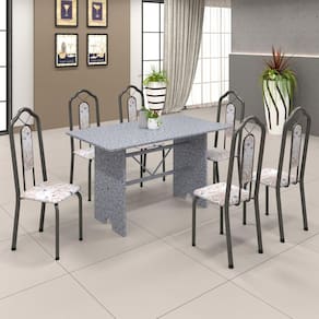 Conjunto de Mesa 070 140x75cm Tampo Granito com 6 Cadeiras Bianca Soma Móveis Botanic Bege / Mart Prata