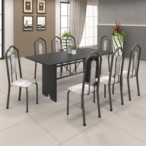 Conjunto de Mesa 071 180x75cm Tampo Ardósia com 8 Cadeiras Bianca Soma Móveis Botanic Bege / Mart Prata