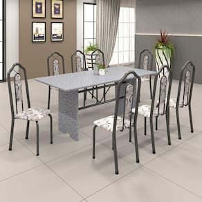 Conjunto de Mesa 071 180x75cm Tampo Granito com 8 Cadeiras Bianca Soma Móveis Arabesco / Mart Prata