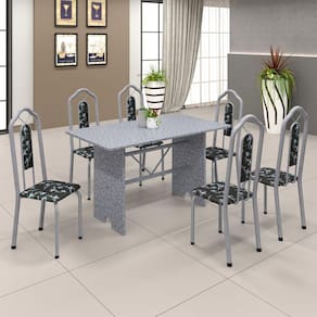 Conjunto de Mesa 070 140x75cm Tampo Granito com 6 Cadeiras Bianca Soma Móveis Preto Floral / Mart Perola